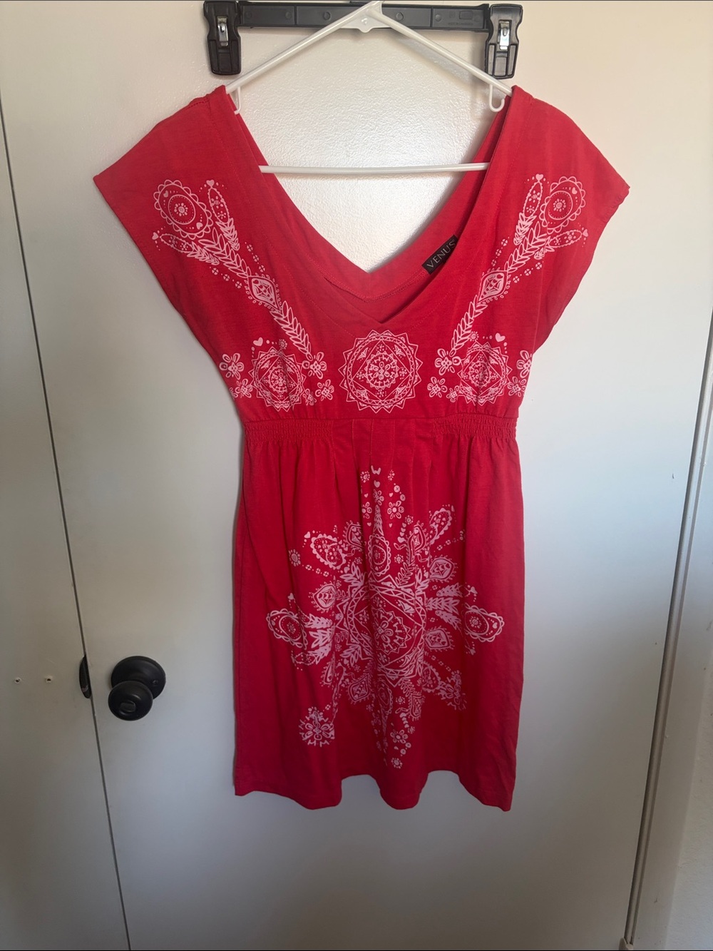 VENUS Red V-Neck Embroidered Tunic Top